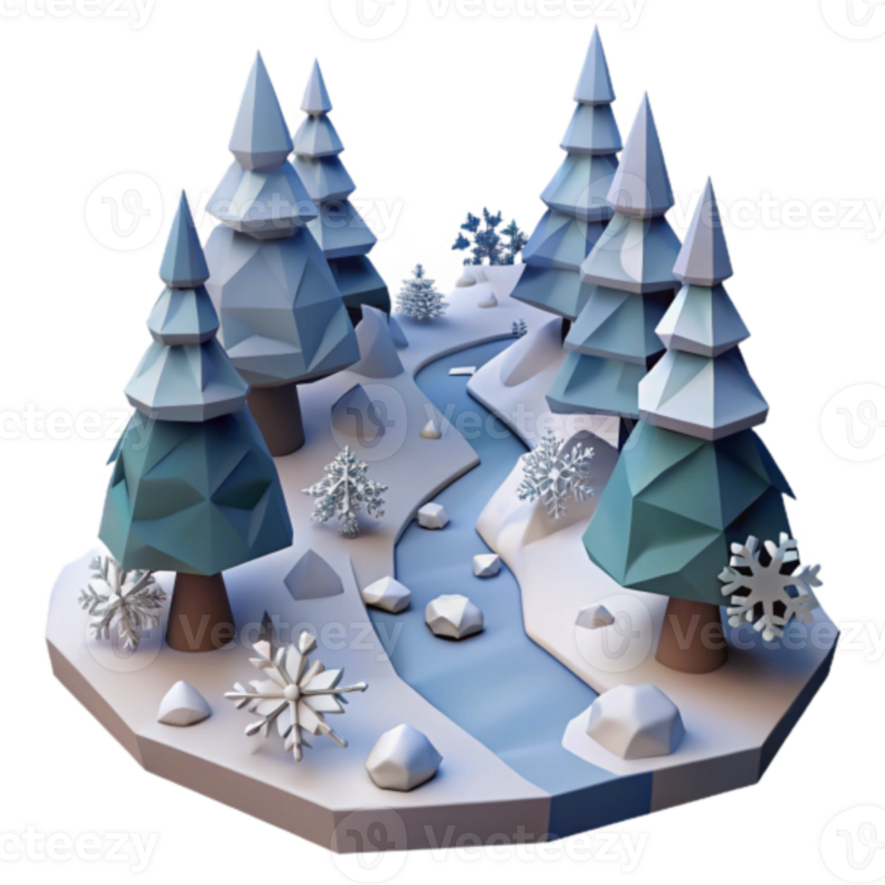 Winter Wonderland Low Poly Illustration Snowy River, Pine Trees, and Crystal Snowflakes png