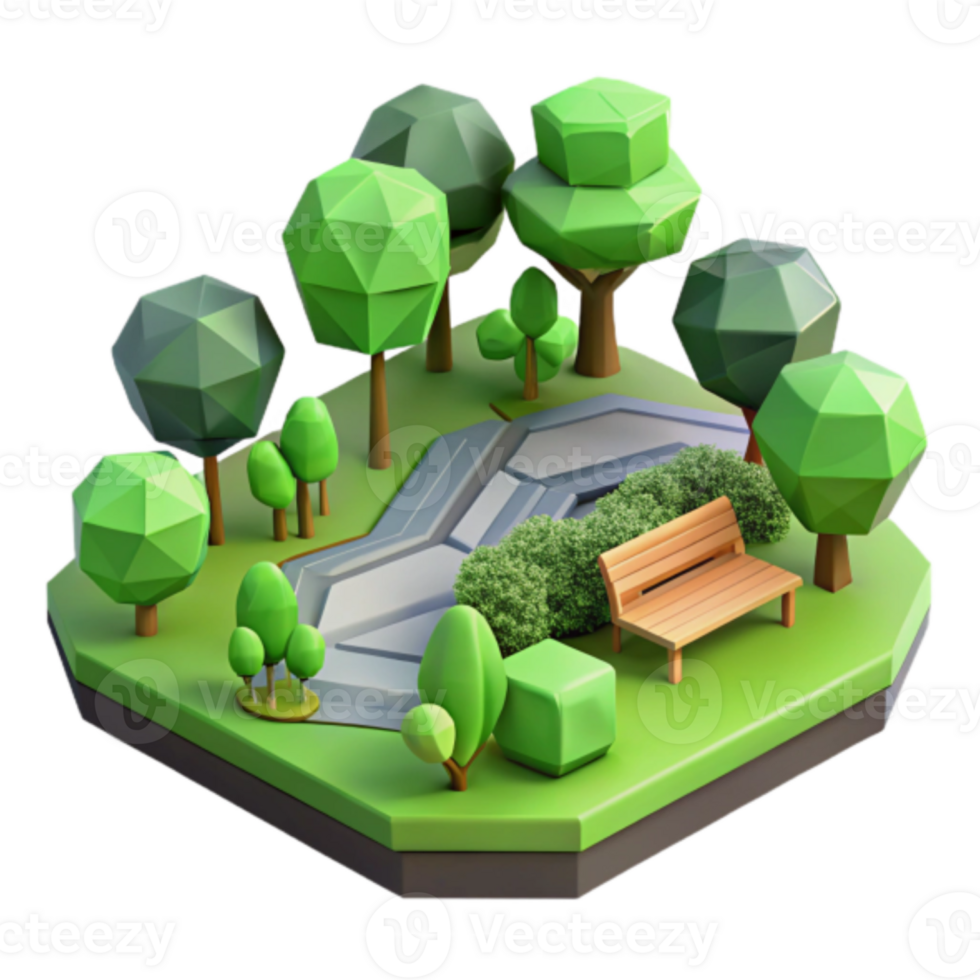 Low Poly Model Park Illustration Green Trees Bench Pond png