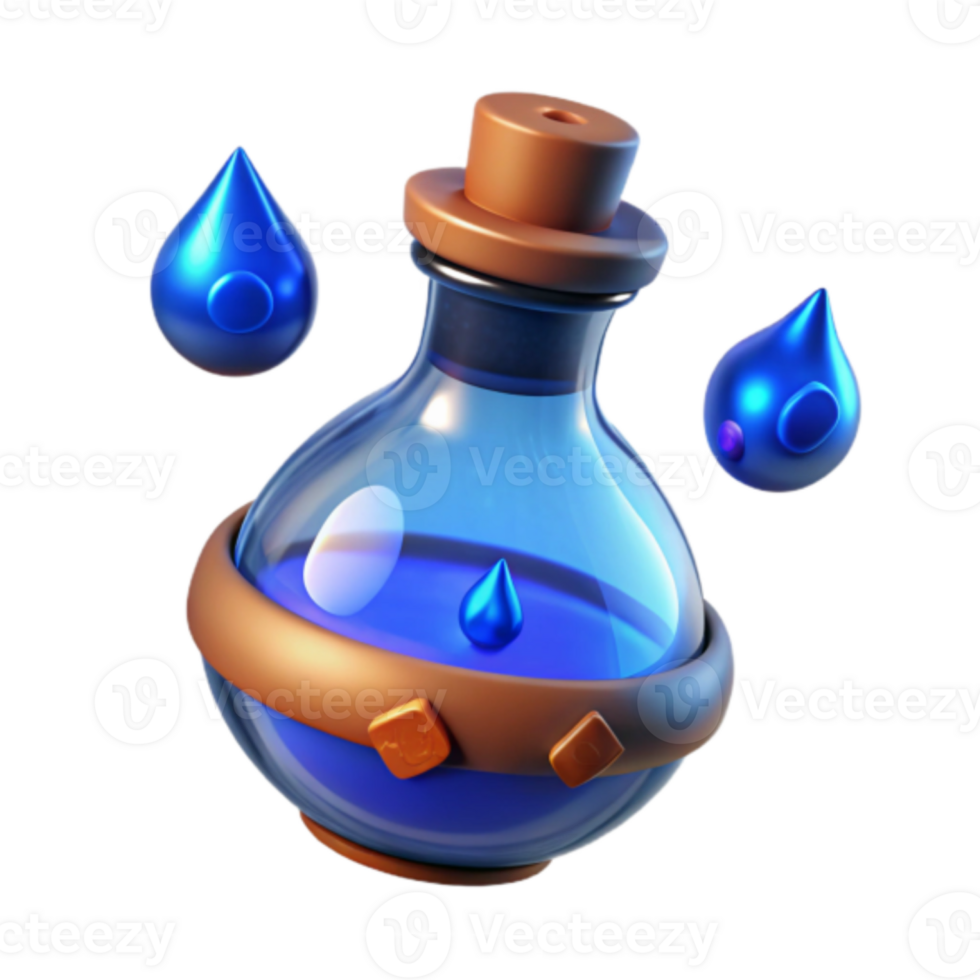 3D Render of Blue Potion Bottle with Droplets, Fantasy Game Asset, Magical Elixir, Game UI Element, Digital Art png