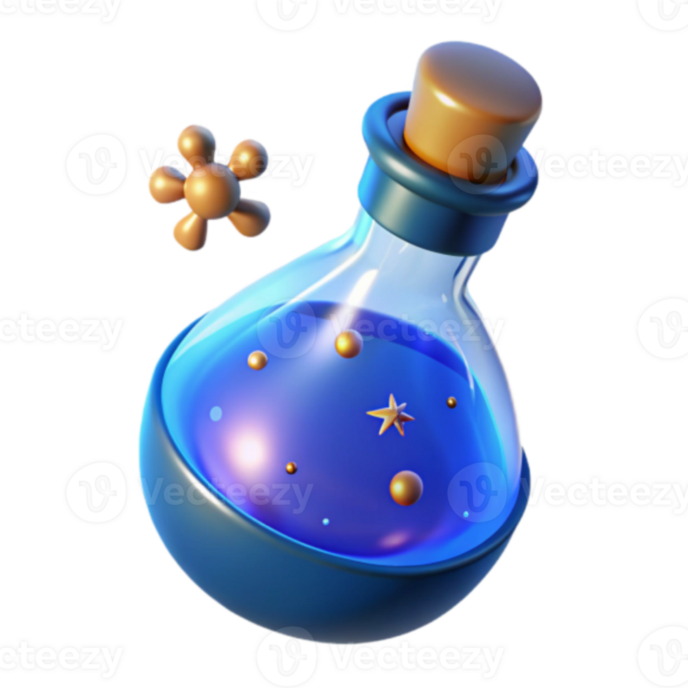 3D Render Magical Potion Bottle with Glowing Particles png