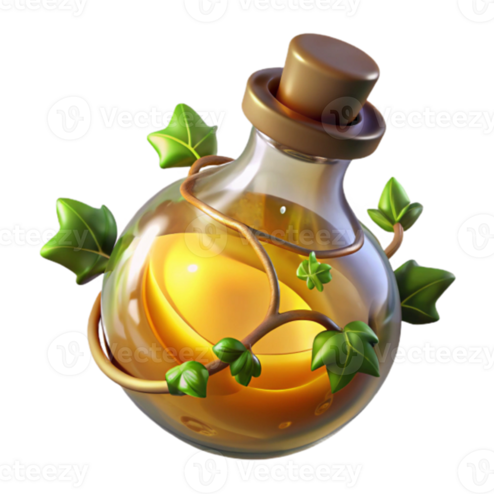 Golden Elixir 3D Render, Magical Potion in Glass Bottle with Ivy png
