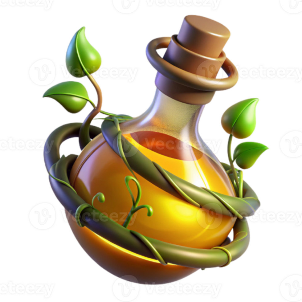 Golden Elixir Render Mystical Potion in Glass Bottle with Vines png