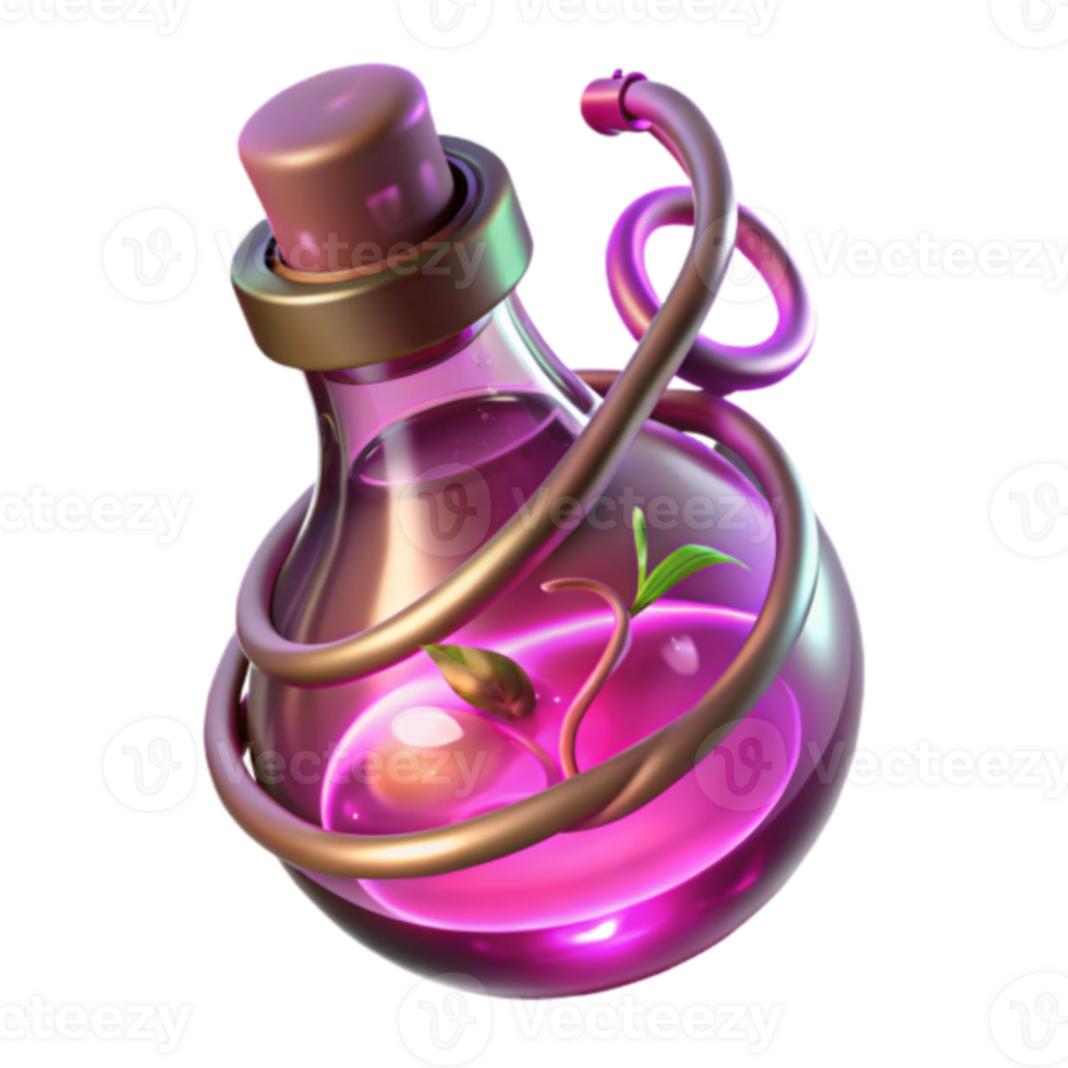 Enchanted Potion Bottle 3D Render, Glowing Pink Elixir with Sprout png