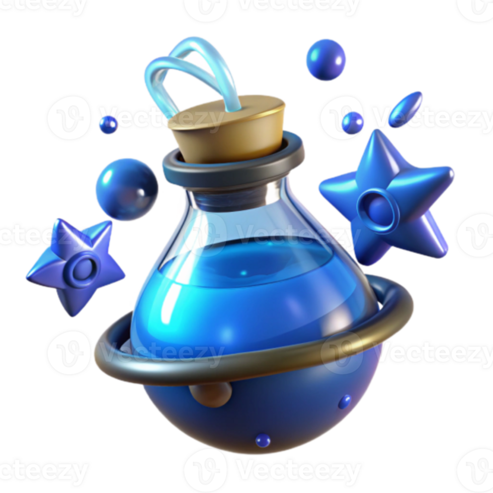 3D Render Blue Potion Bottle with Stars and Orbs Abstract Background Image png