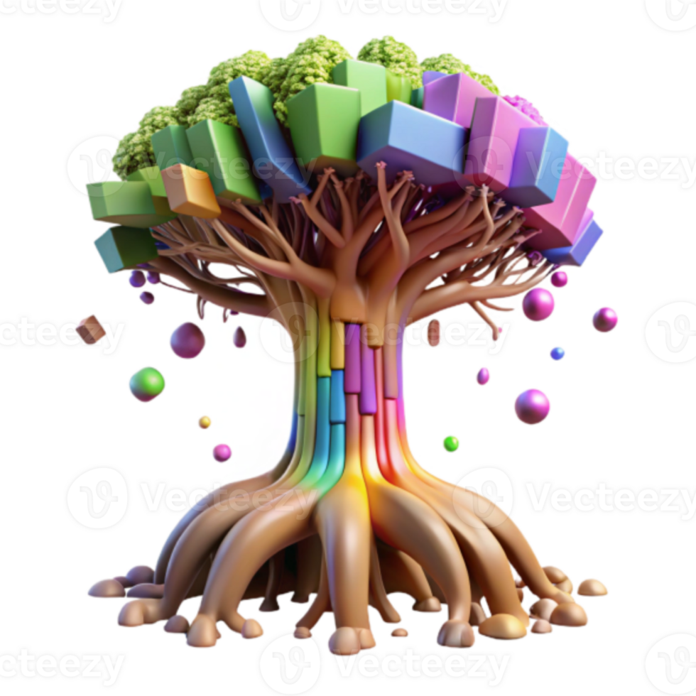 Vibrant 3D Tree Illustration Colorful Blocks Rainbow Trunk Abstract Background png