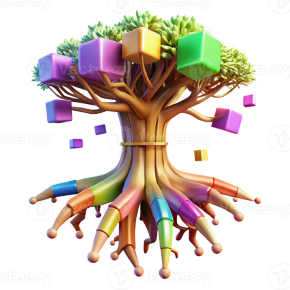 Colorful 3D Tree Illustration with Cubic Branches and Roots png