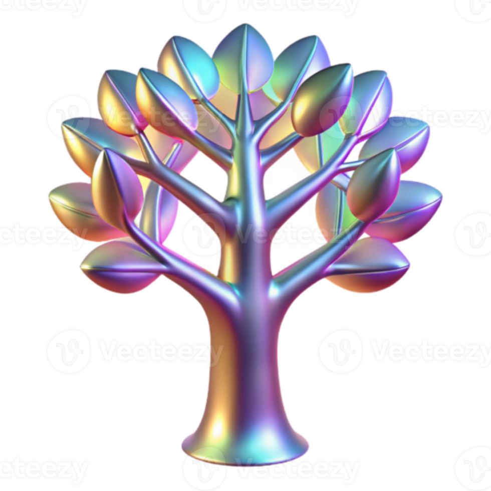 Iridescent Tree Illustration, Colorful Abstract Tree, Rainbow Gradient Leaves, Stylized Nature, Digital Art, Shiny Metallic Texture, Abstract Tree Graphic, Vibrant Tree Design, Fantasy Tree Render png