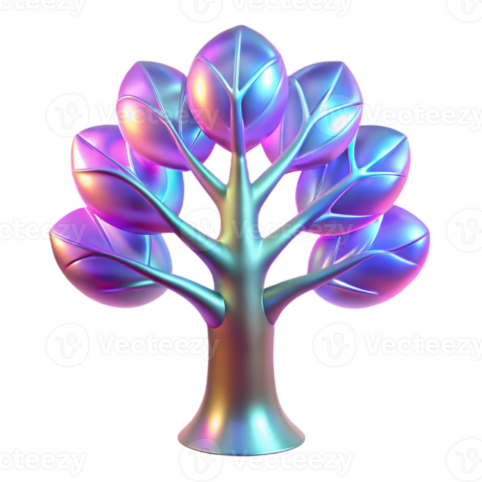 Iridescent Tree Illustration Shiny Holographic Leaves and Branches png