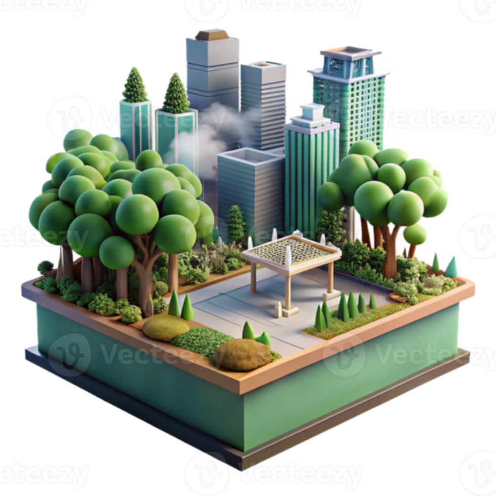 Urban Oasis Illustration Green Cityscape with Lush Park, Modern Buildings, and Relaxing Gazebo png