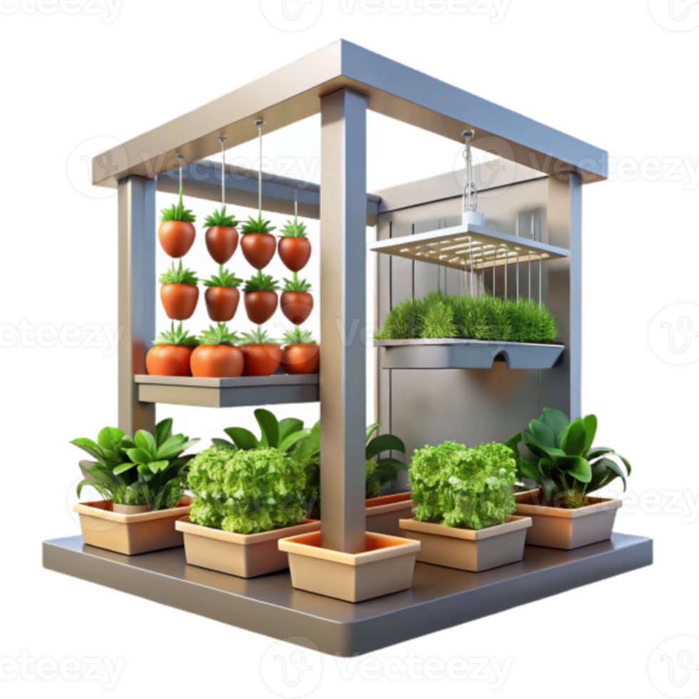Render Indoor Vertical Garden System with Tomatoes, Lettuce, and Wheatgrass png