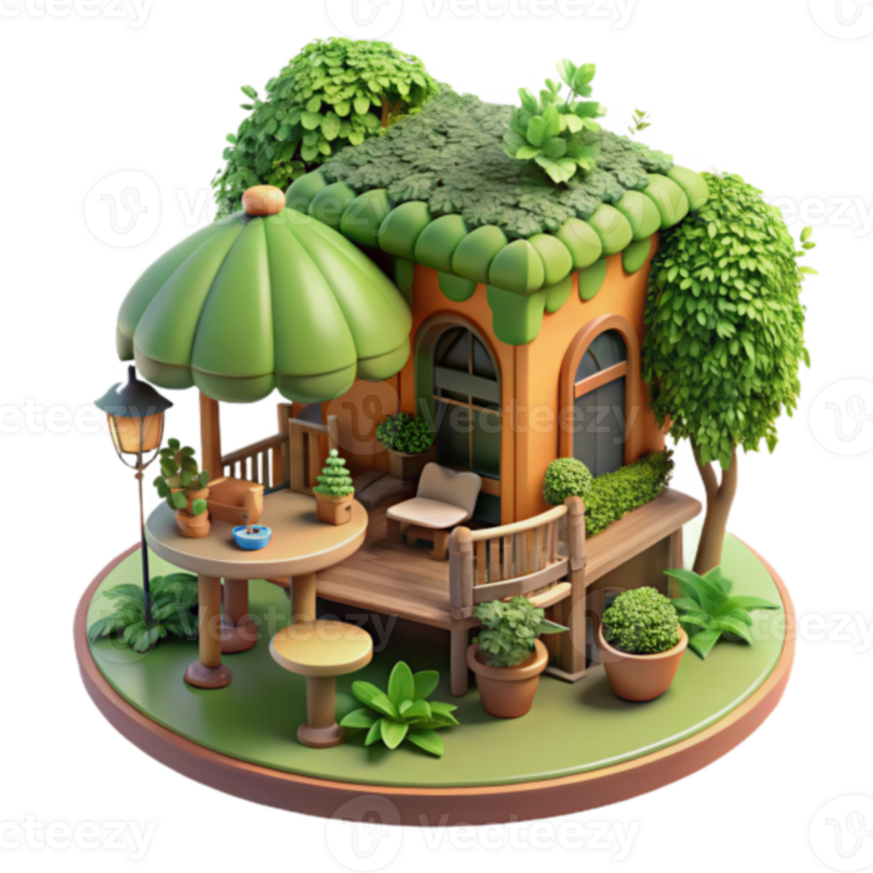 Charming Render of a Cozy Cottage with Lush Greenery png