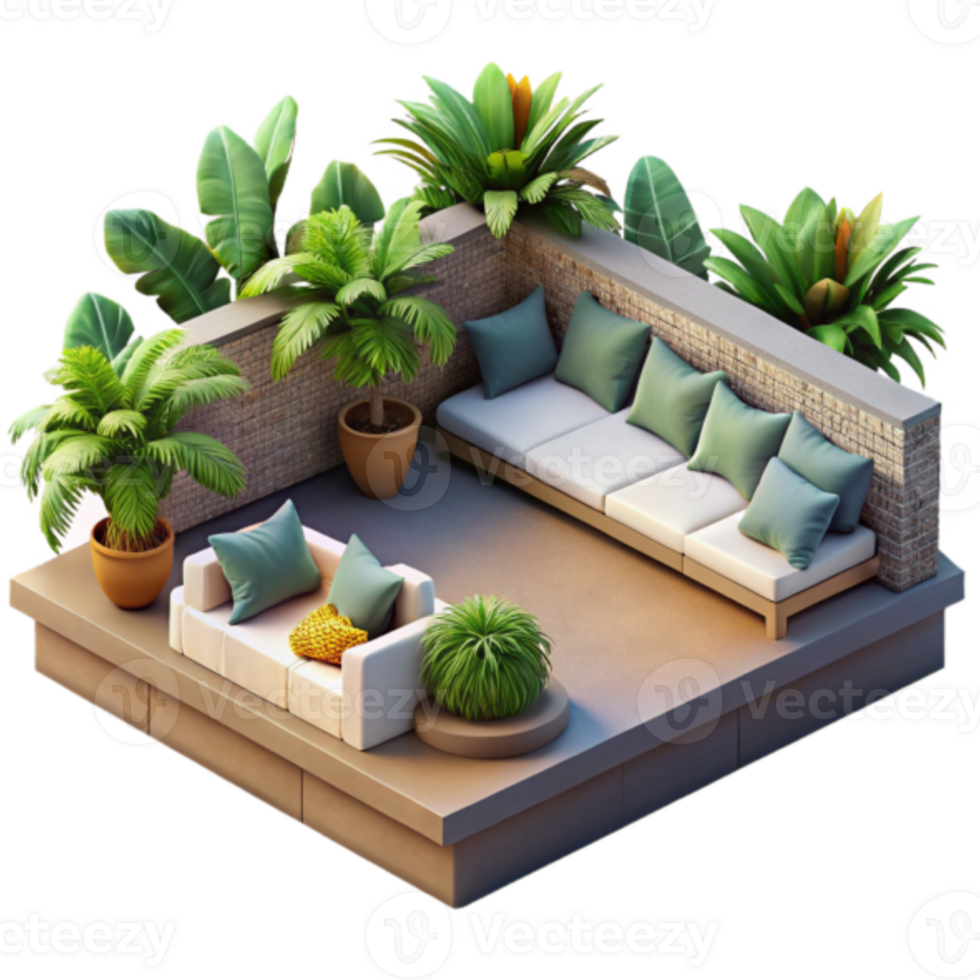 Illustration Tropical Rooftop Patio Design with Modern Furniture and Lush Greenery png