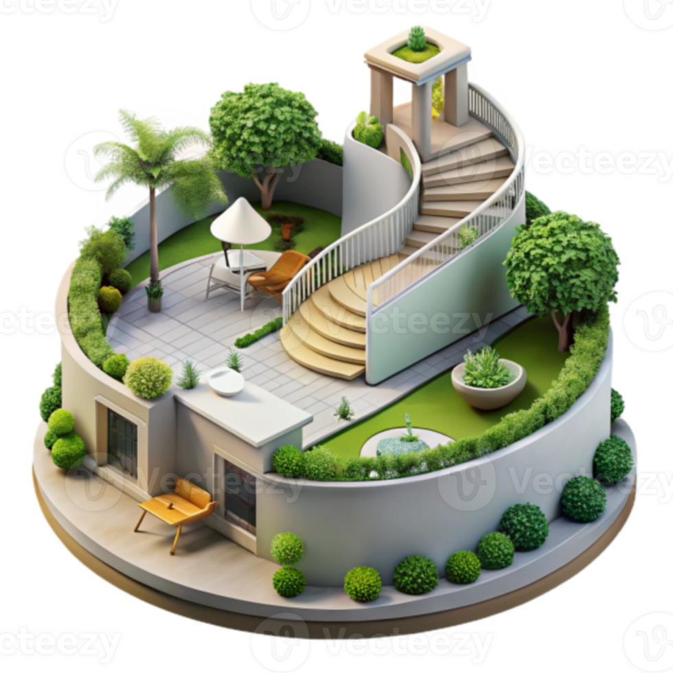 Isometric Illustration Lush Rooftop Garden Design with Circular Patio and Winding Staircase png