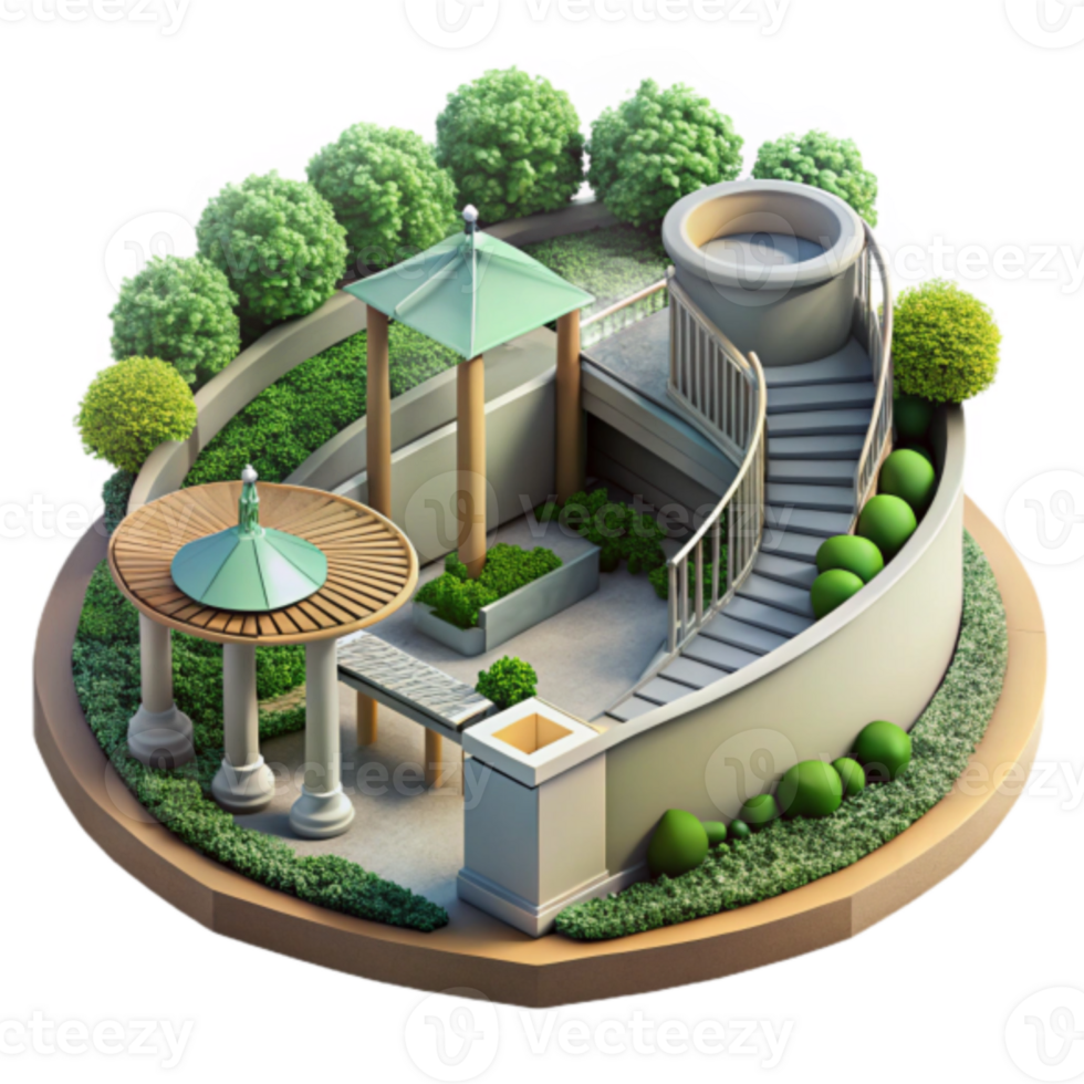 Illustration of a Circular Garden Design with Gazebos and Winding Staircase png