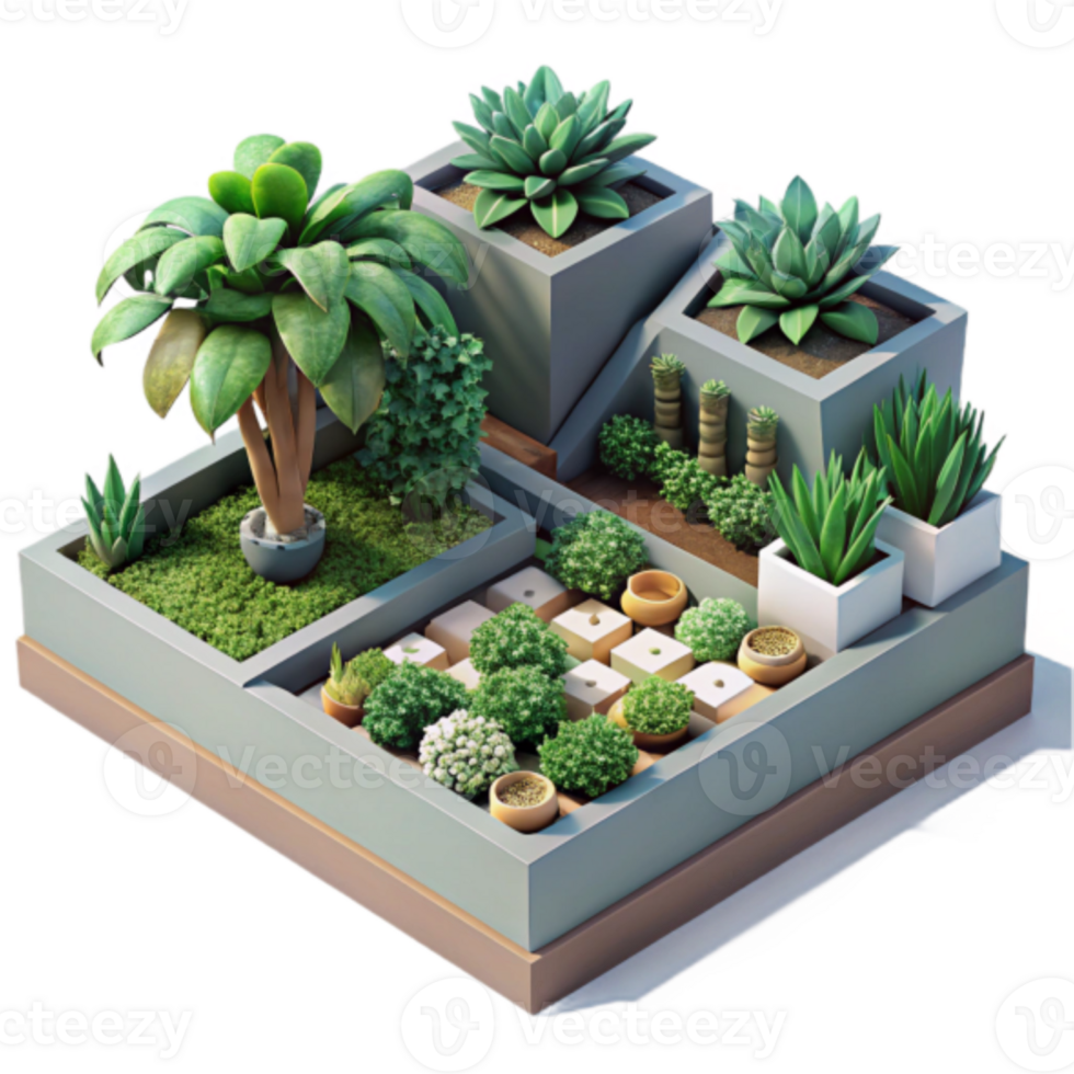 Isometric Illustration Lush Mini Garden Design Succulents Plants Herbs png