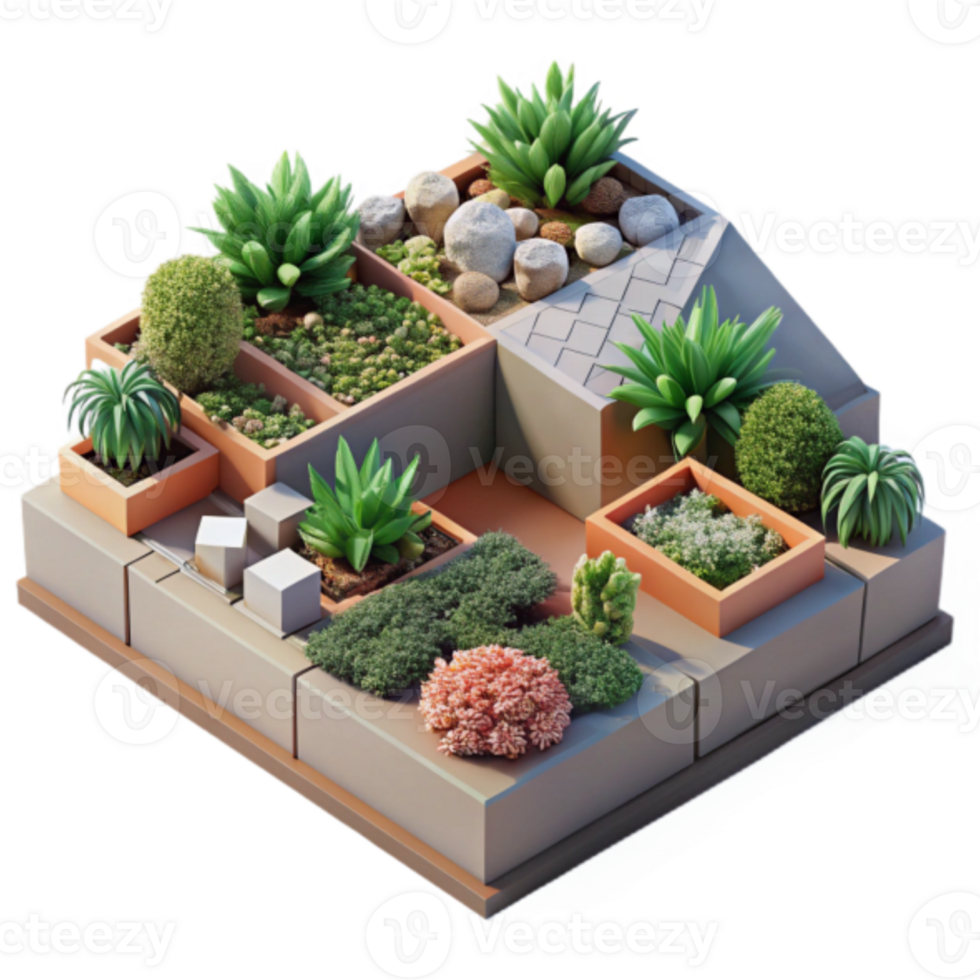 Isometric Illustration of a Modern Rooftop Garden Design with Succulents and Greenery png