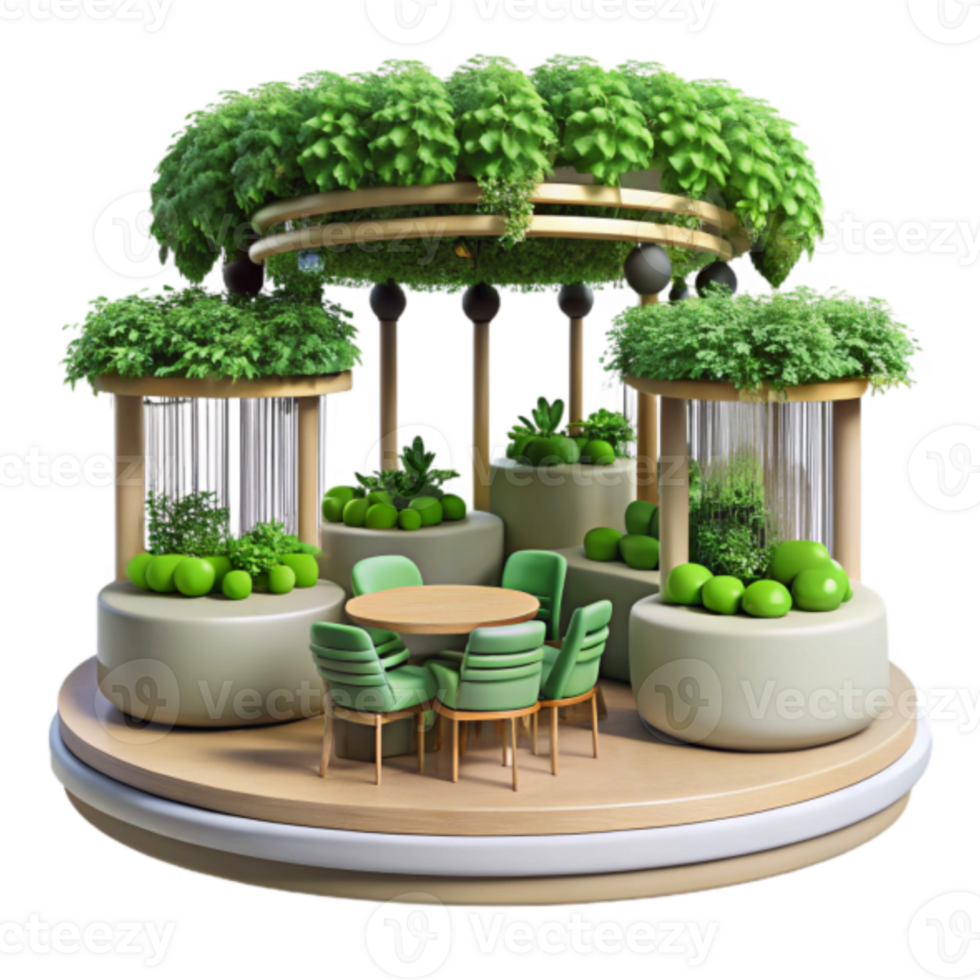 Render of a Lush Green Garden Patio Oasis with Seating png