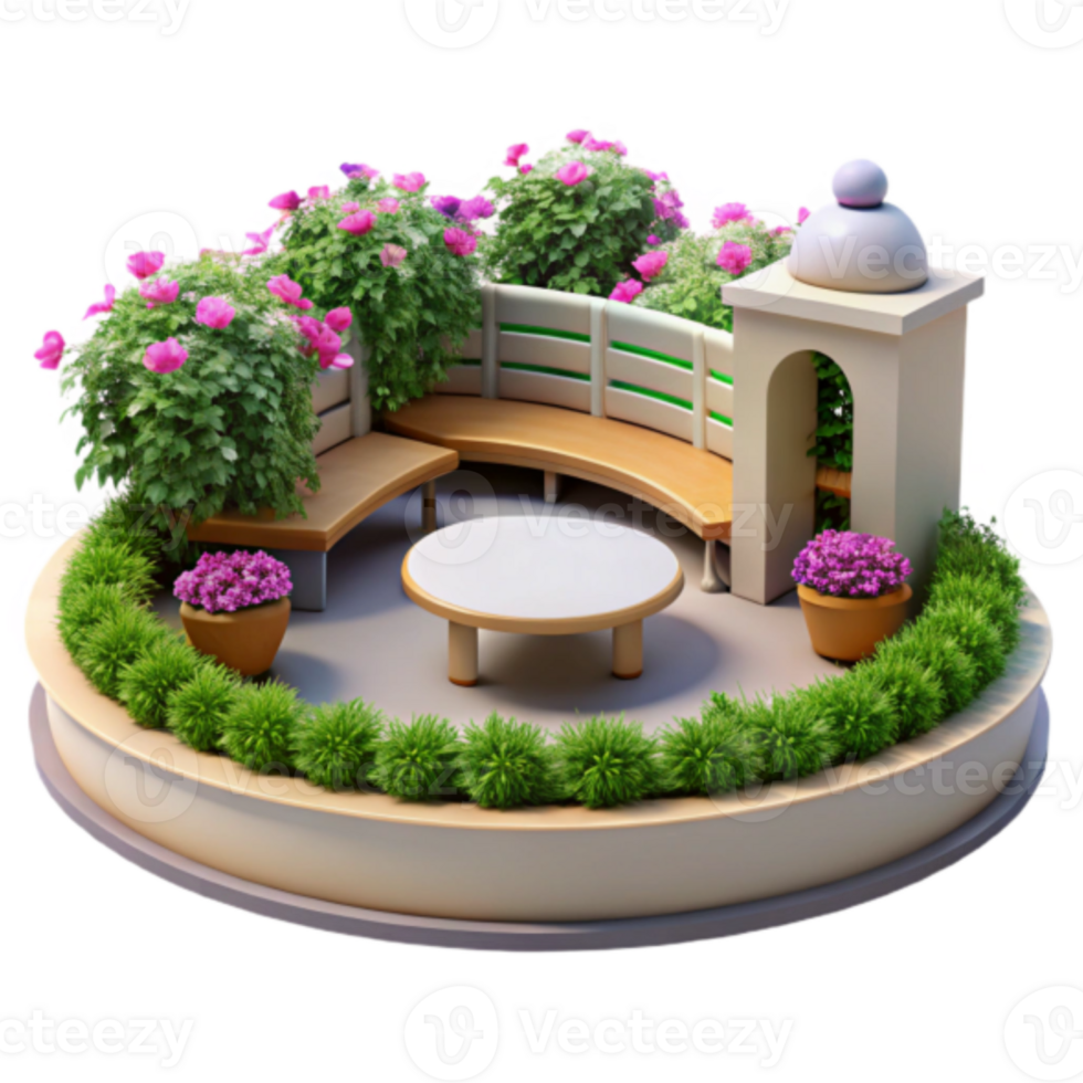 Render Peaceful Garden Oasis Circular Bench, Table, Lush Greenery, and Flowers png