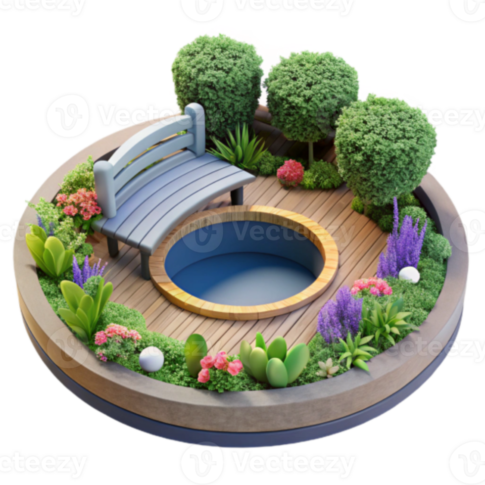 Render of a Circular Garden with Bench and Pond png