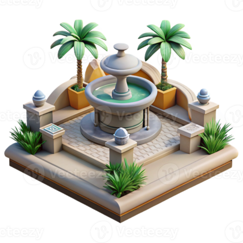Model Isometric View of a Courtyard Fountain with Palm Trees png