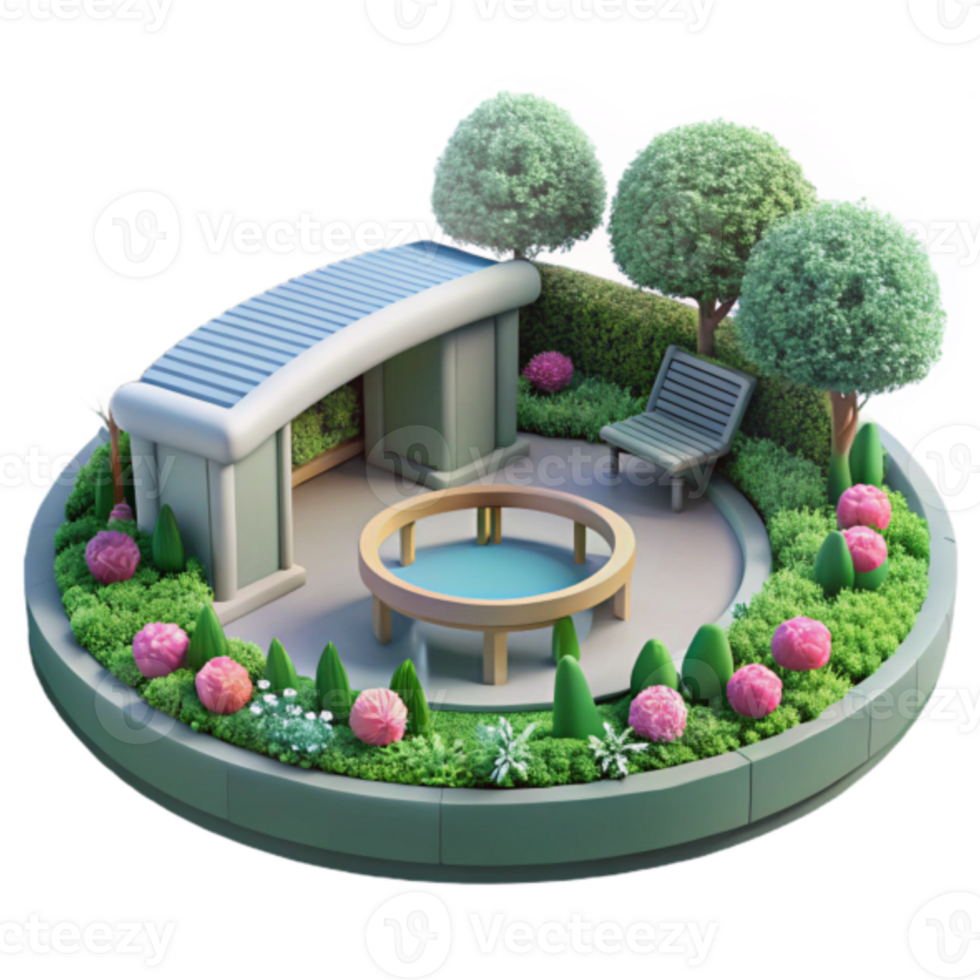 Illustration Lush Garden Design Modern Pavilion and Bench png