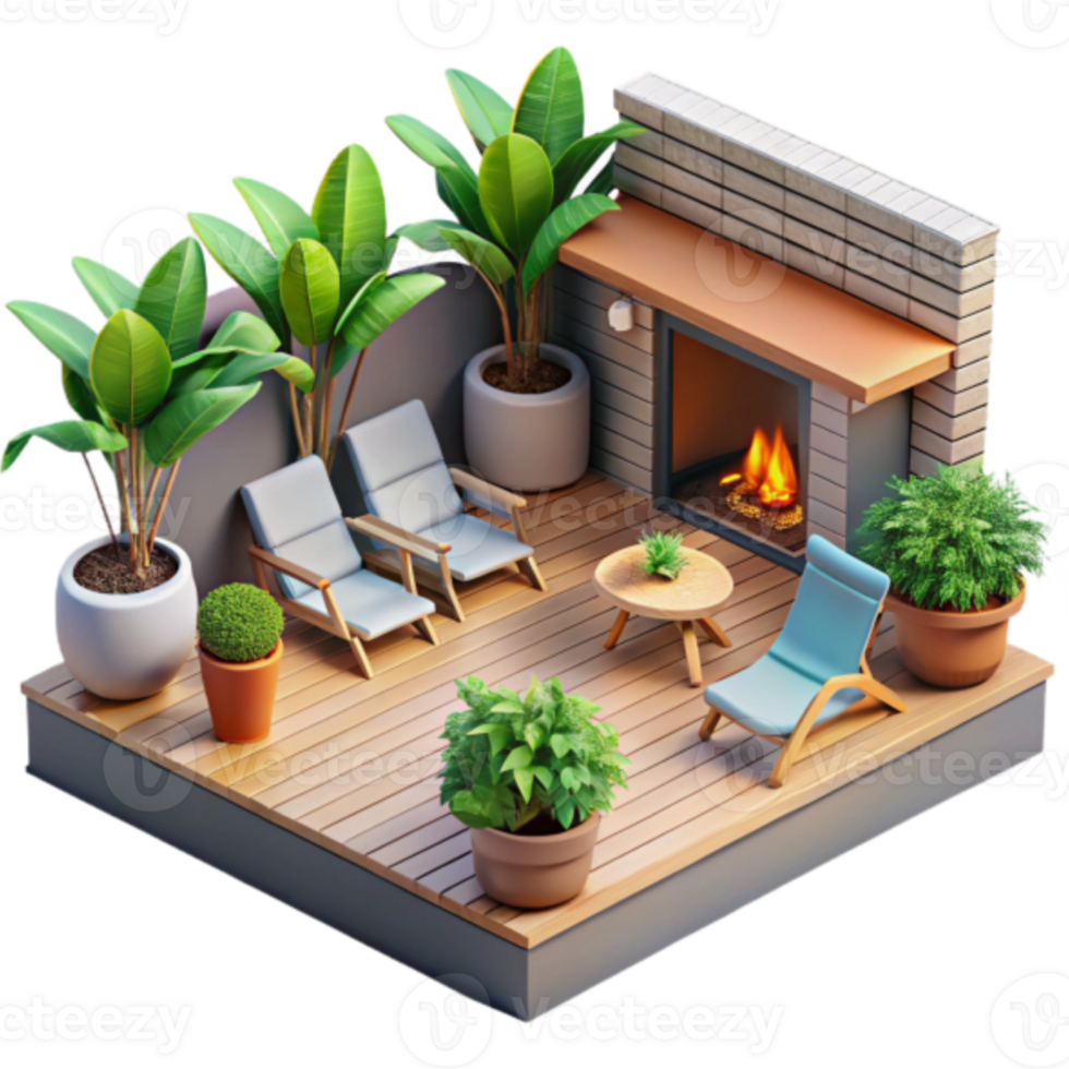 Illustration Cozy Patio Design with Fireplace and Lush Greenery png
