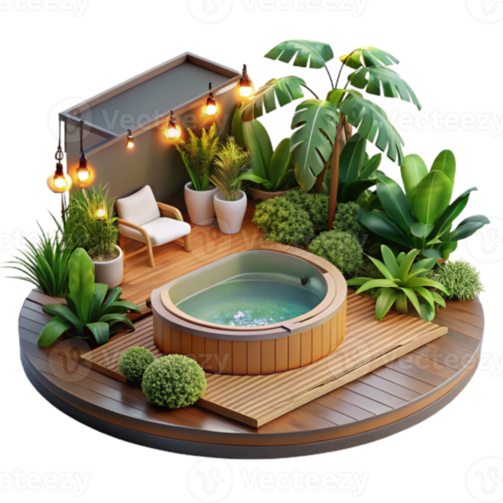 Relaxing Hot Tub Illustration Tropical Garden Oasis with Wooden Deck png