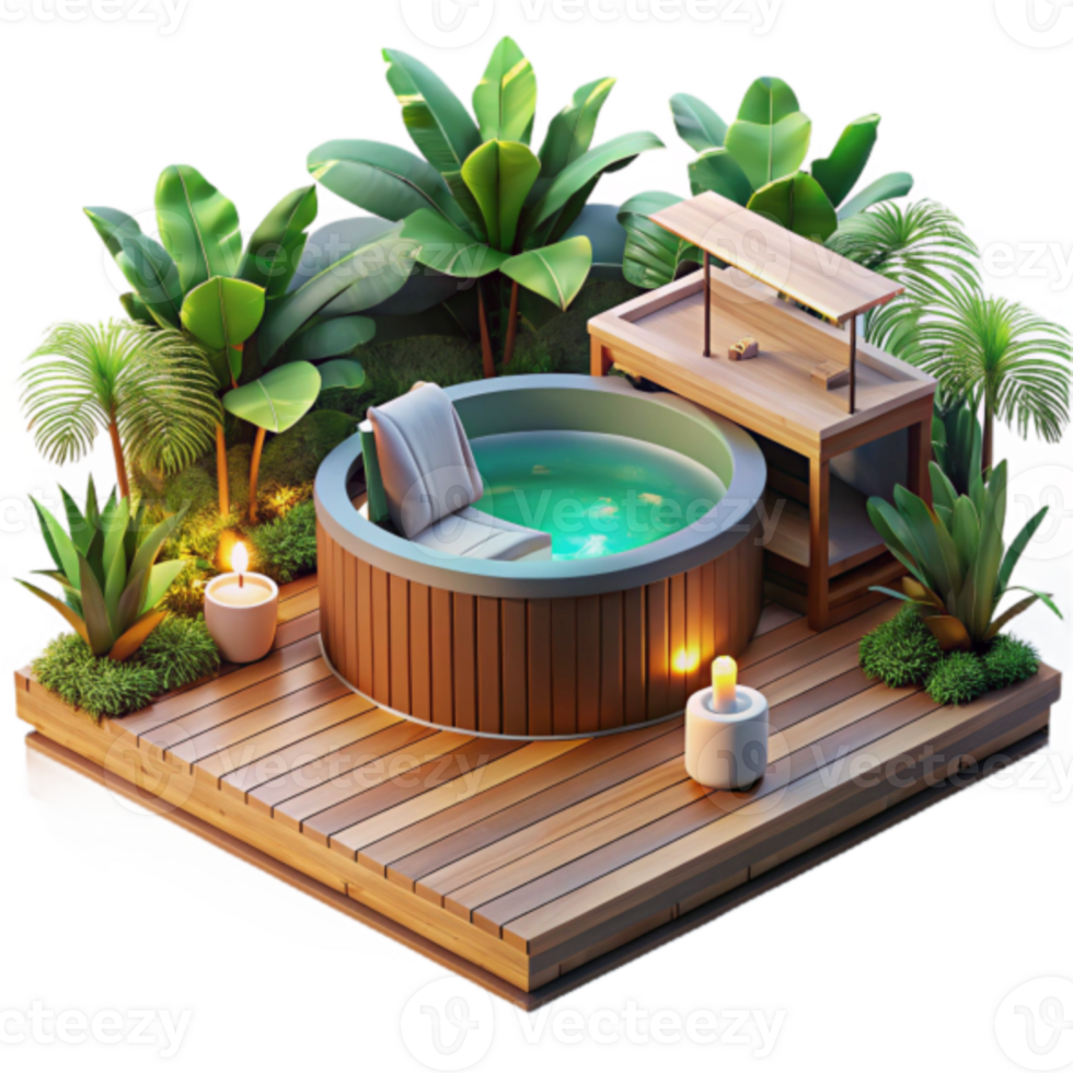 Serene Render of a Wooden Hot Tub in a Lush Tropical Garden png