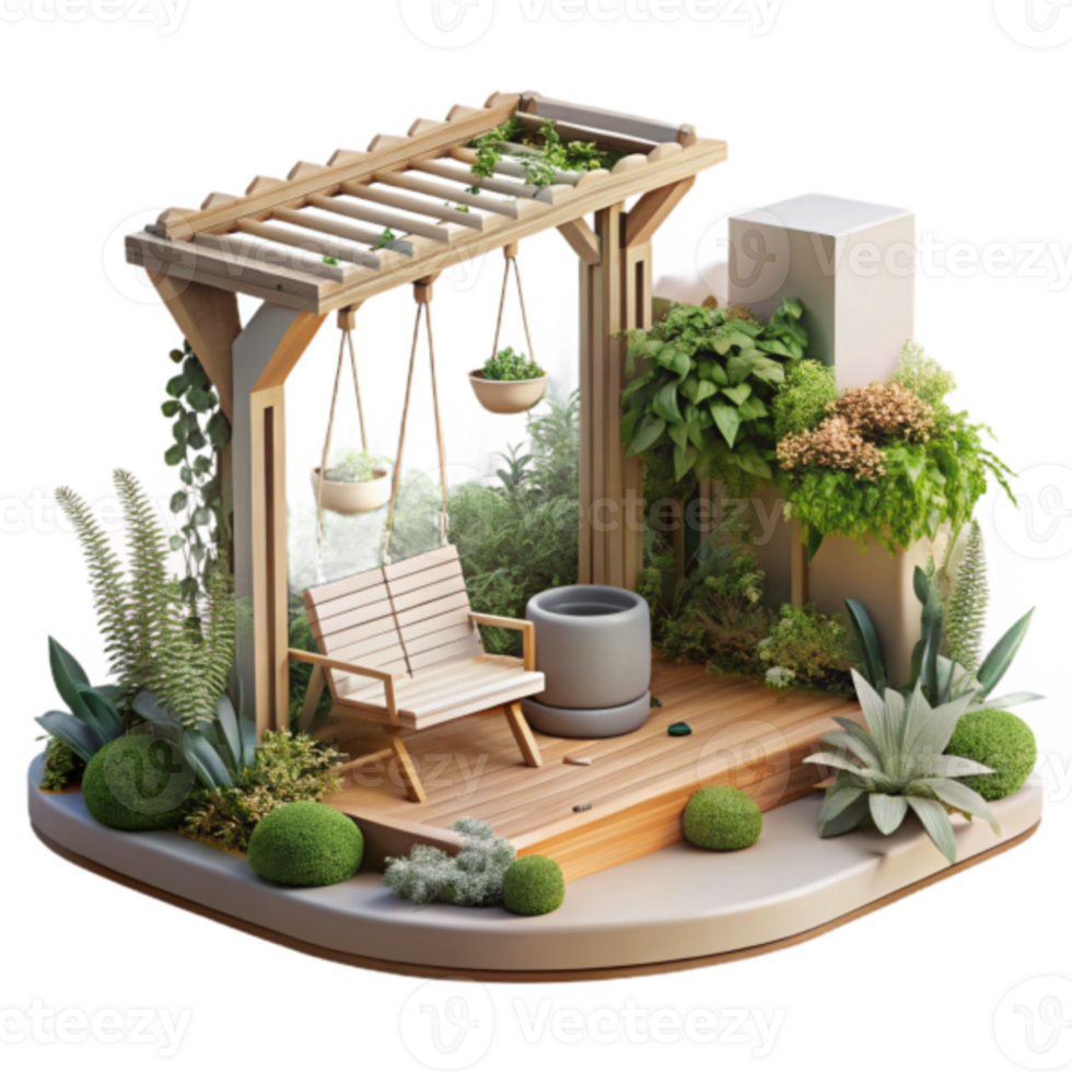 Serene Garden Oasis Illustration Lush Greenery Wooden Pergola Hanging Planters Relaxing Bench png