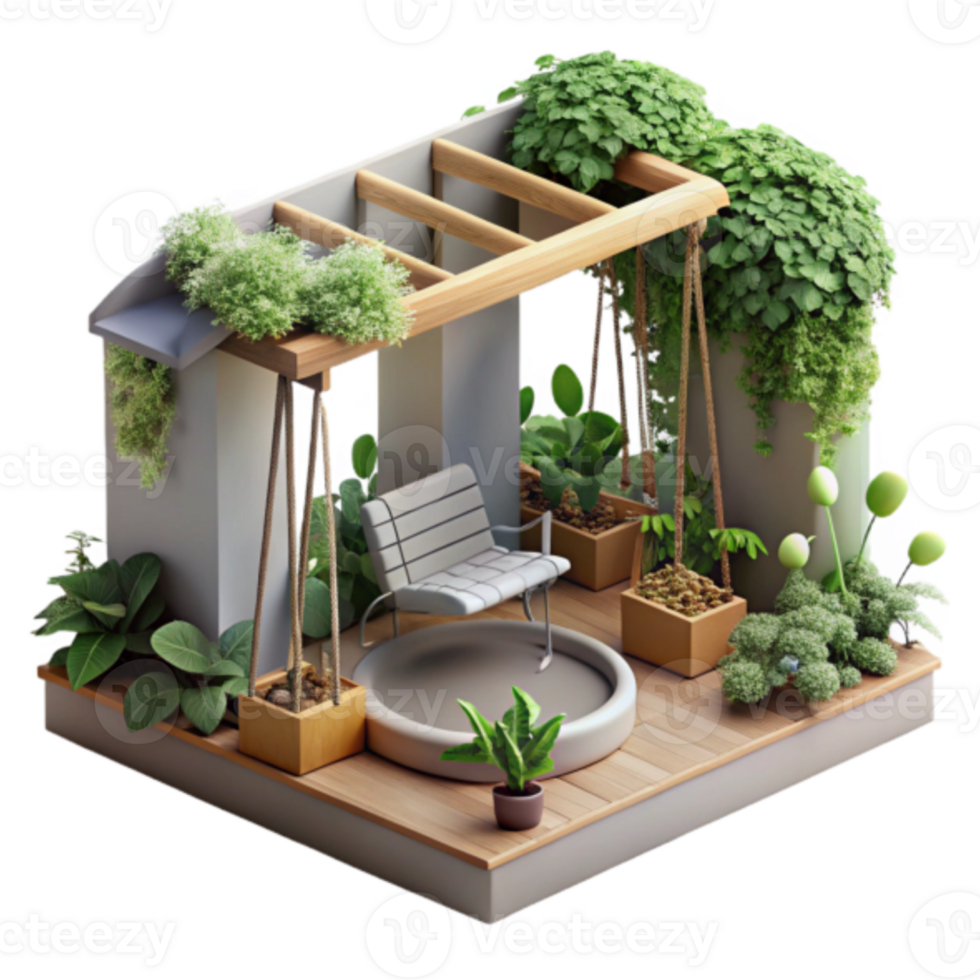 Render Lush Garden Patio Design with Swing and Water Feature png