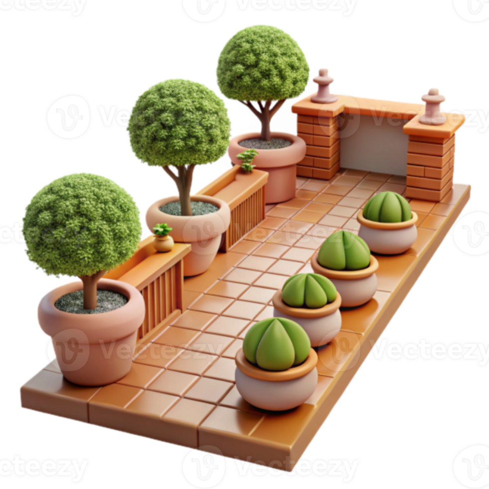Render of a Charming Rooftop Garden with Lush Greenery and Terracotta Pots png