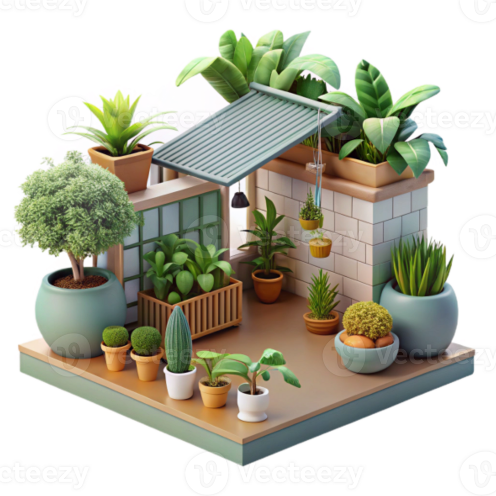 Charming Render of a Cozy Rooftop Garden with Lush Greenery png