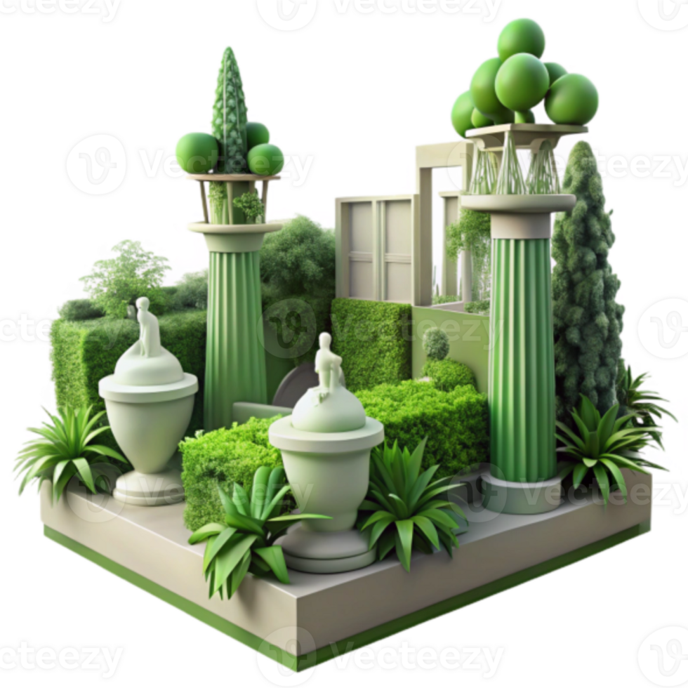 Illustration Lush Green Garden Miniature with Classical Columns and Sculptures png