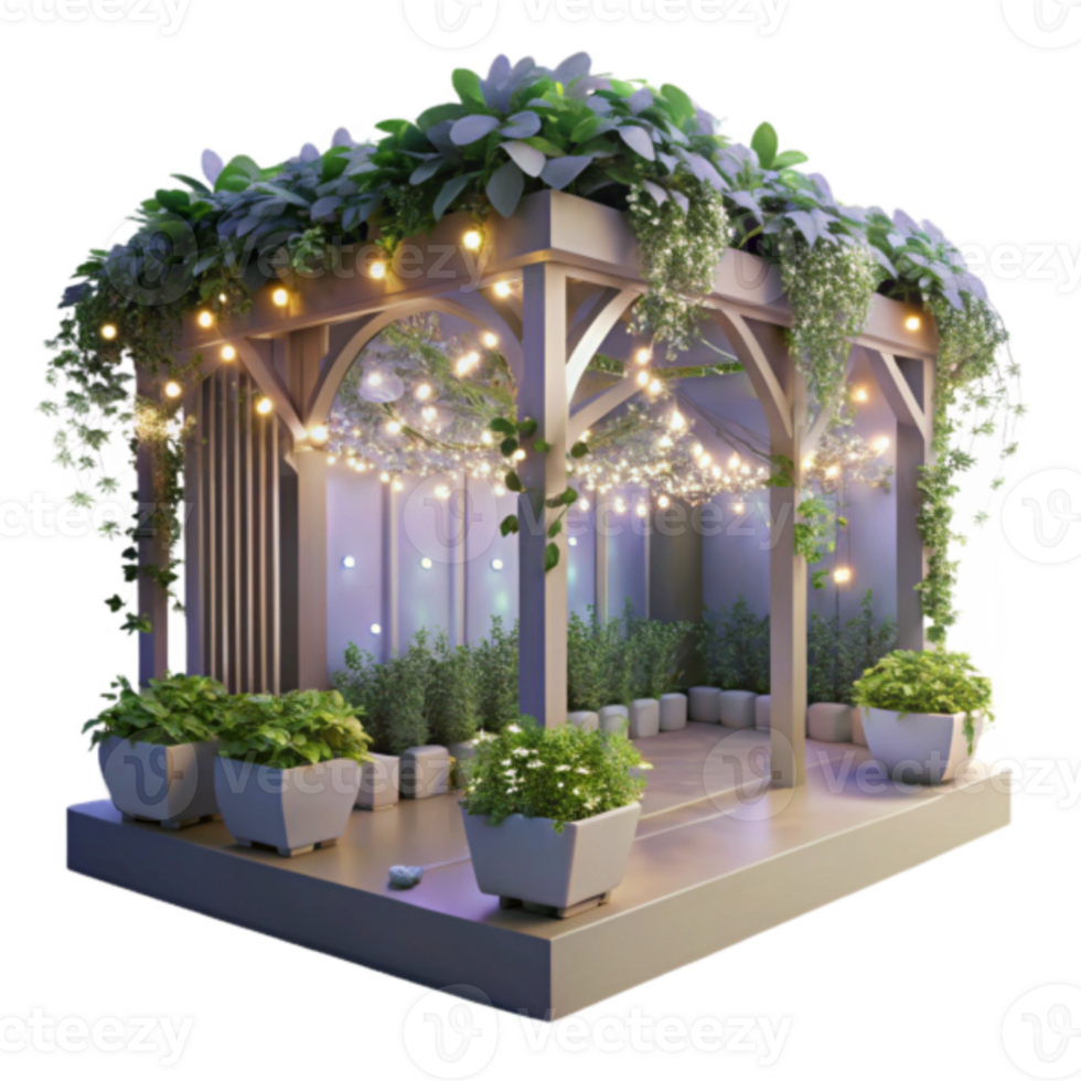 Luminous Garden Gazebo Illustration Lush Greenery Fairy Lights Romantic Setting png