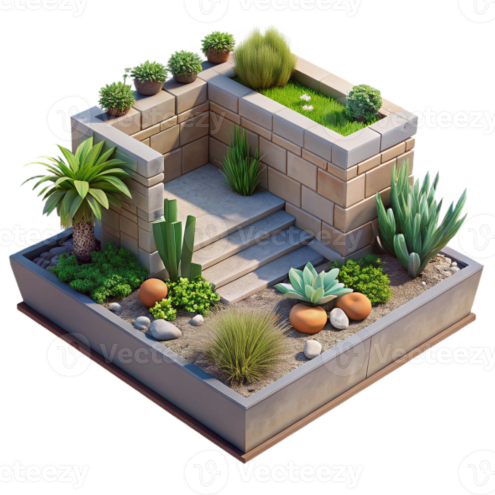 Isometric Illustration Miniature Garden Design with Stone Steps and Succulents png