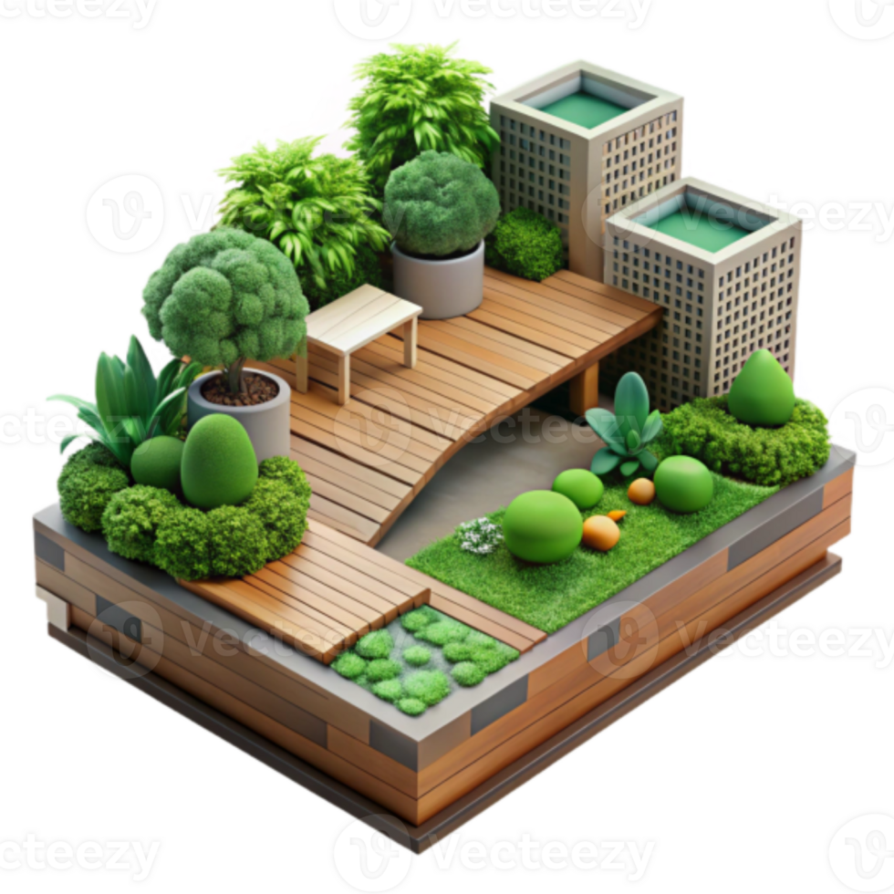 Illustration Rooftop Garden Design Lush Greenery Plants Wooden Deck Modern Architecture png