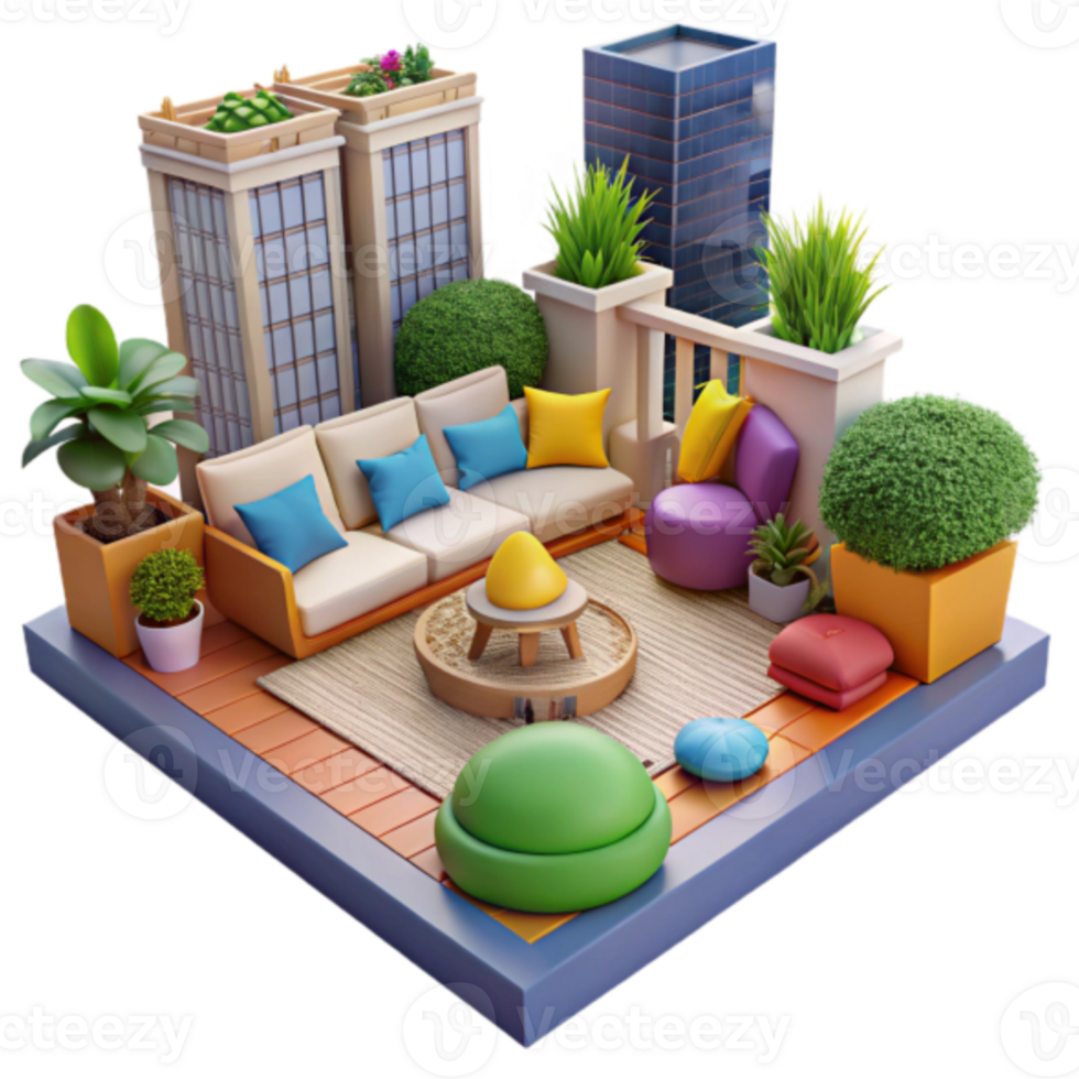 Cozy Rooftop Terrace Illustration Modern Cityscape Balcony Design with Plants and Furniture png