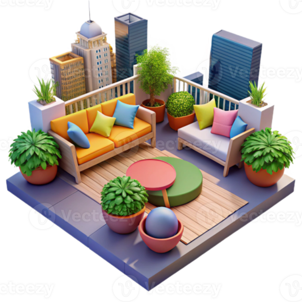 Vibrant Rooftop Oasis Illustration Cityscape Balcony with Colorful Furniture and Lush Greenery png