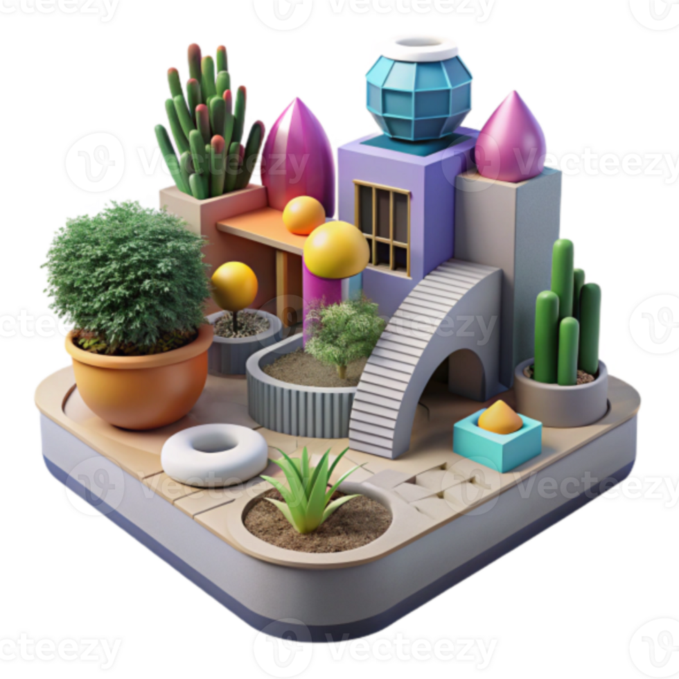 Vibrant Render of Miniature Garden with Abstract Architecture png