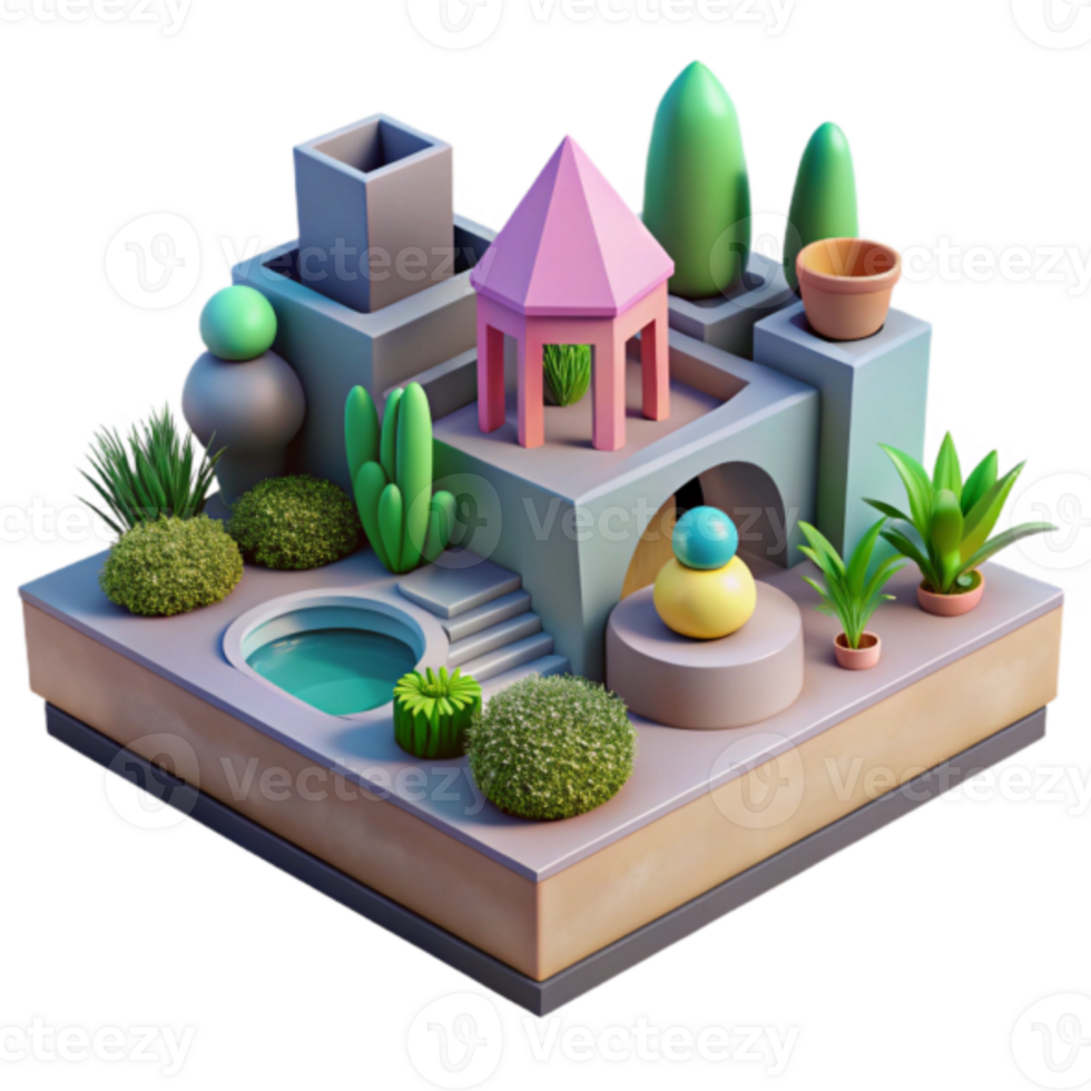 Render of Miniature Garden with Geometric Structures, Plants and Pool png