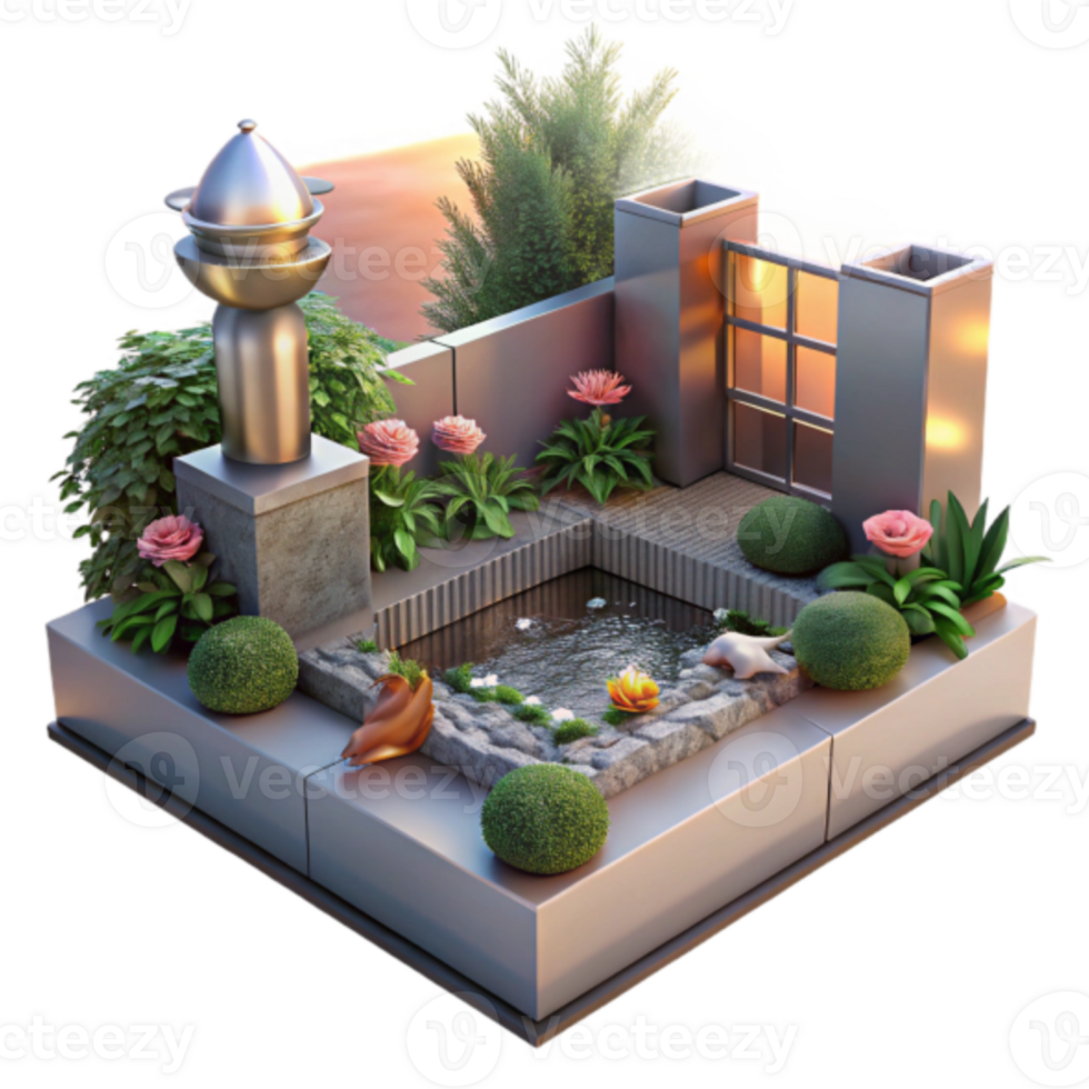 Serene Render of a Modern Zen Garden with Water Feature png
