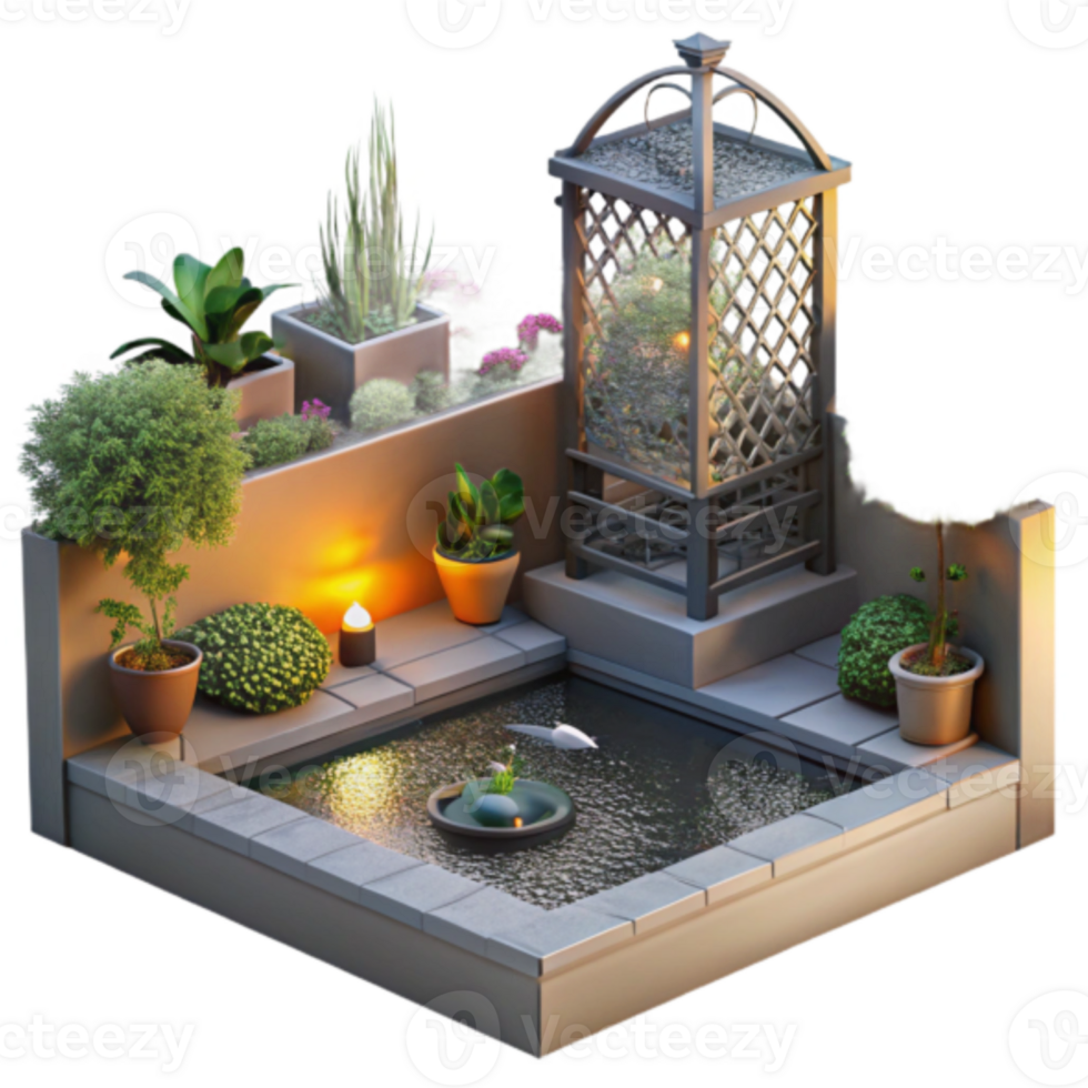 Illustration Peaceful Garden Design Backyard Pond Landscaping png