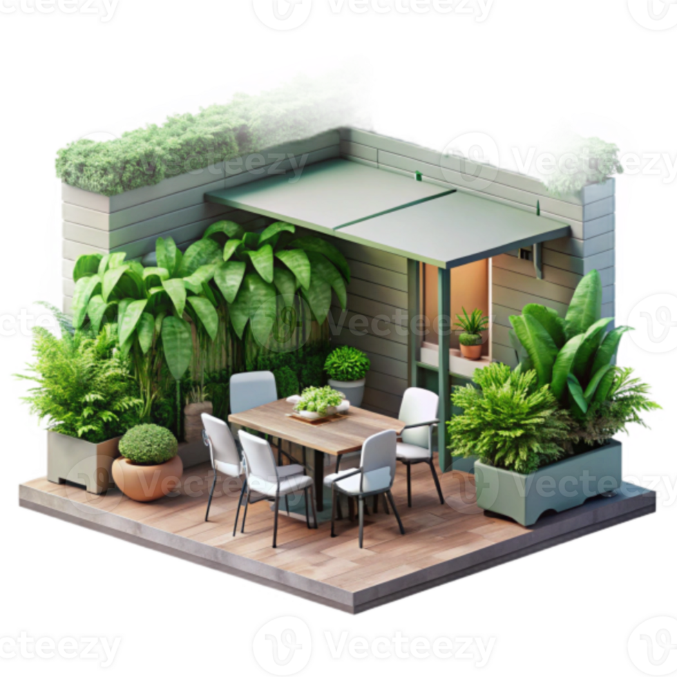 Render Lush Rooftop Garden Patio Design with Wooden Dining Table png