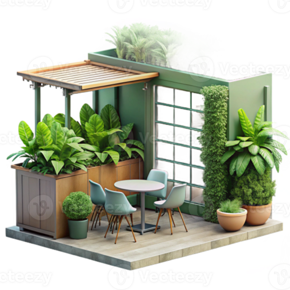 Render of a Lush Green Patio with Table and Chairs png