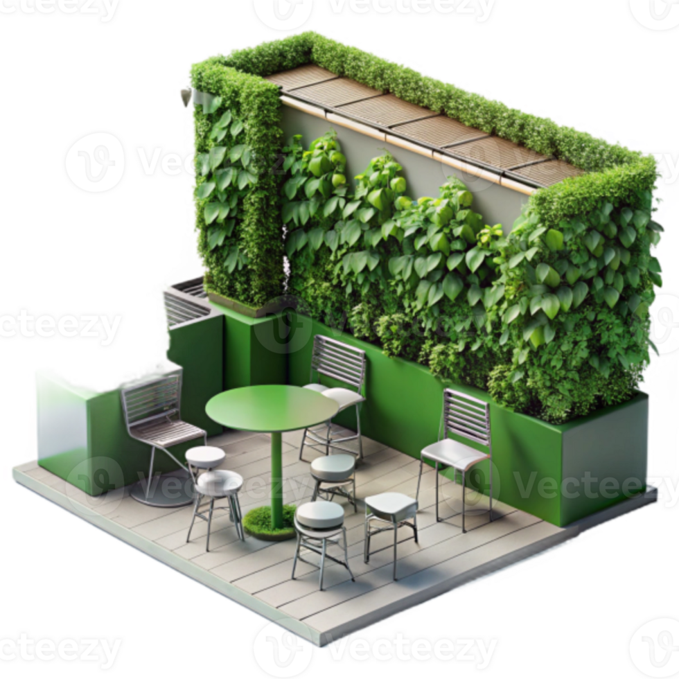Render of a Green Rooftop Patio with Lush Vertical Garden png
