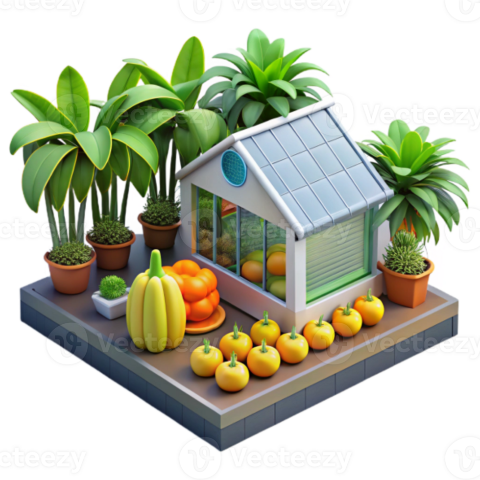 Charming Greenhouse Illustration with Tropical Plants and Fall Harvest Vegetables png