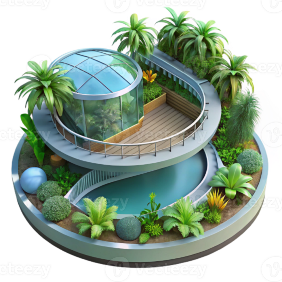 Render of a Lush Tropical Rooftop Garden Oasis with Modern Architecture png