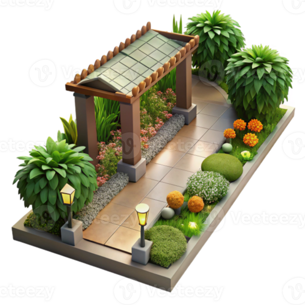 Garden Design Illustration Lush Greenery Walkway Pergola Landscaping Architecture png