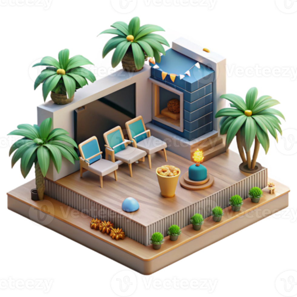 Relaxing Patio Illustration Tropical Getaway Design with Modern Furniture and Fireplace png
