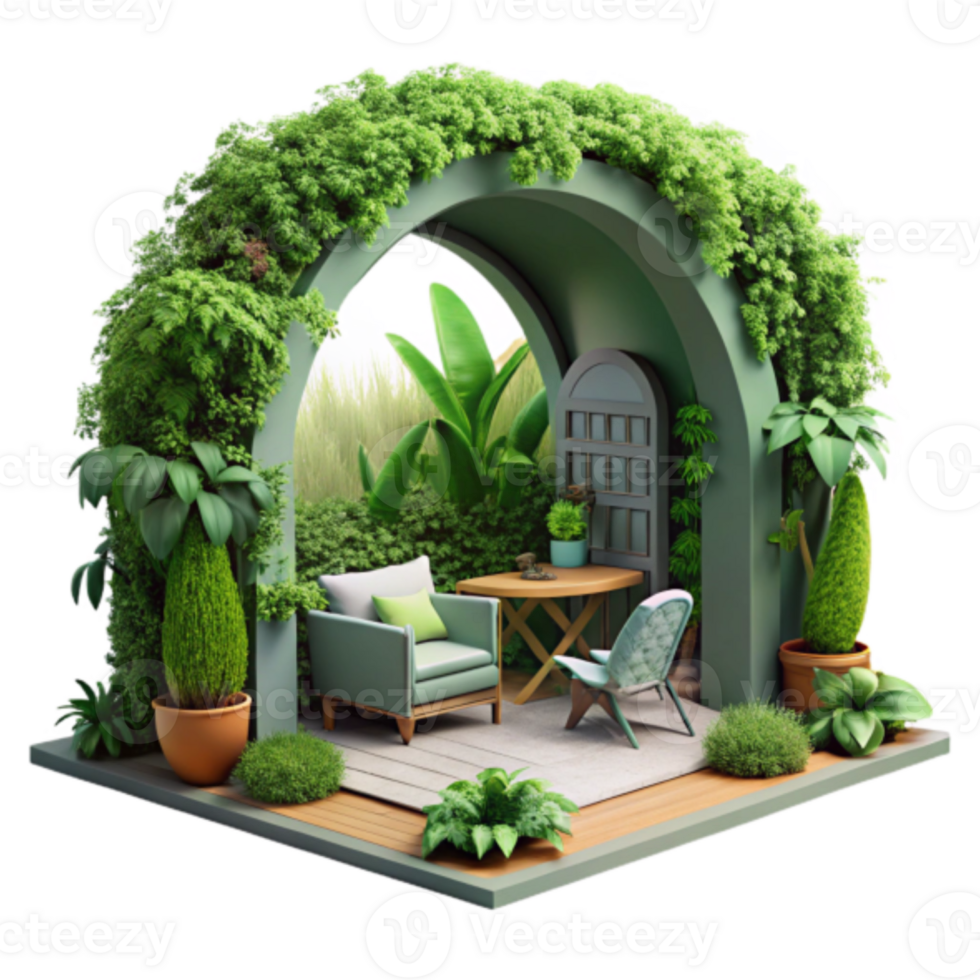 Render Lush Greenery Archway Garden Patio Scene Illustration png